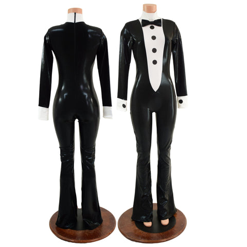 Mens or Womens Bootcut Faux Tuxedo Catsuit with Vinyl Buttons and Bow Tie - Coquetry Clothing