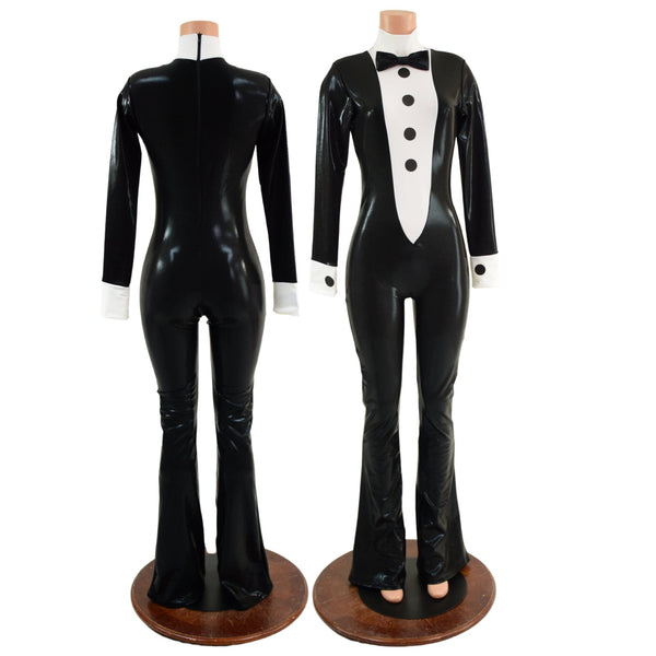 Mens or Womens Bootcut Faux Tuxedo Catsuit with Vinyl Buttons and Bow Tie - 1