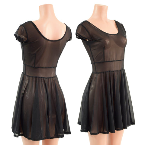 Sheer Black Mesh Cap Sleeve Skater Dress - Coquetry Clothing