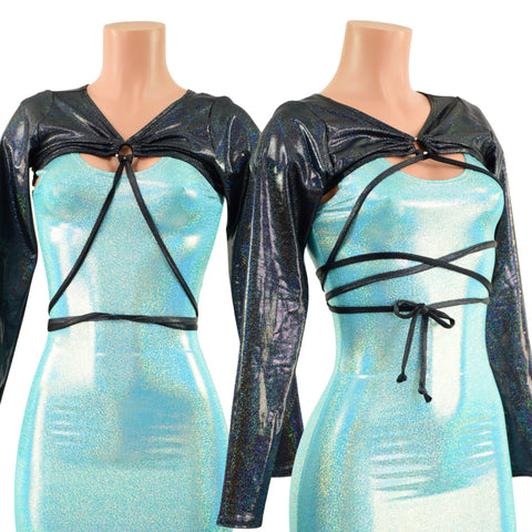 O-ring Front Bolero with Removable Body Wrap Tie in Black Holographic - Coquetry Clothing