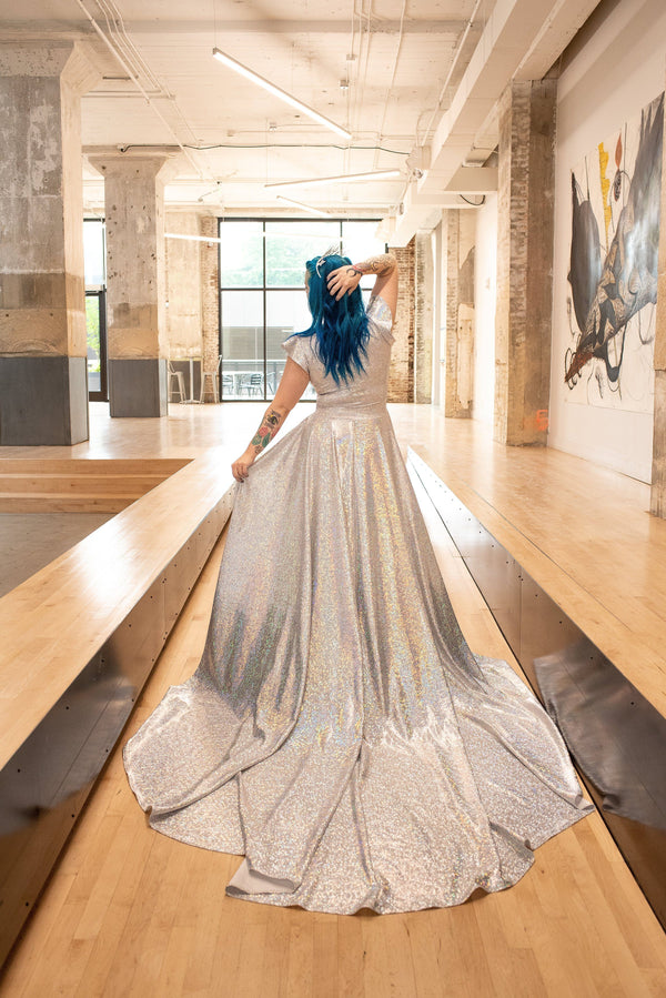 Full Length Holographic Circle Cut Gown with Train - 17