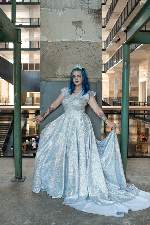 Full Length Holographic Circle Cut Gown with Train - 19