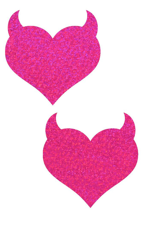 Neon Pink Holographic Devil Heart Pasties - Coquetry Clothing
