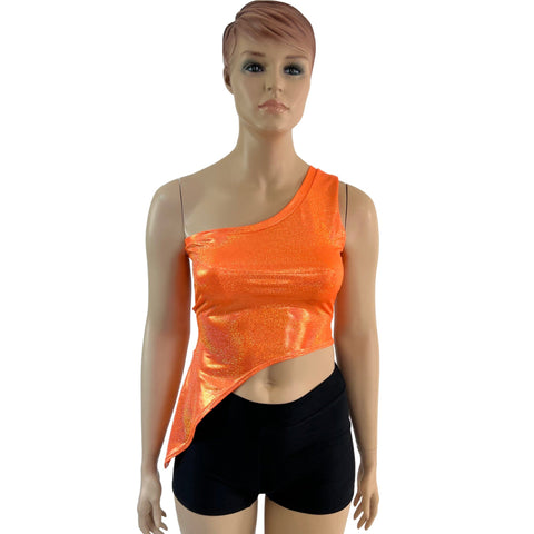 Orange Sparkly Jewel One Shoulder Asymetrical Hemline Crop - Coquetry Clothing