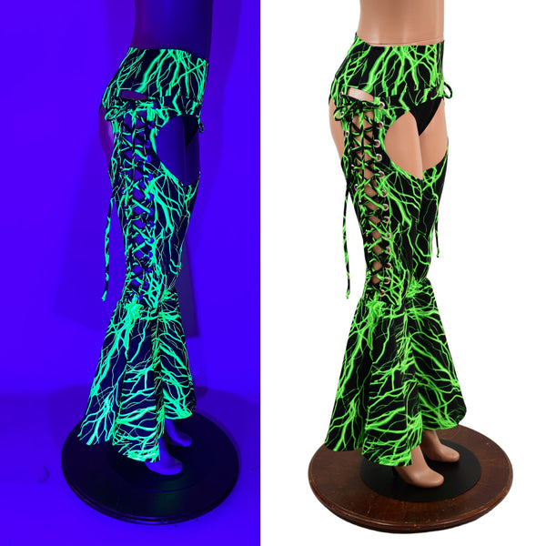 Neon Green Lightning Lace Up Bell Bottom Chaps - 1
