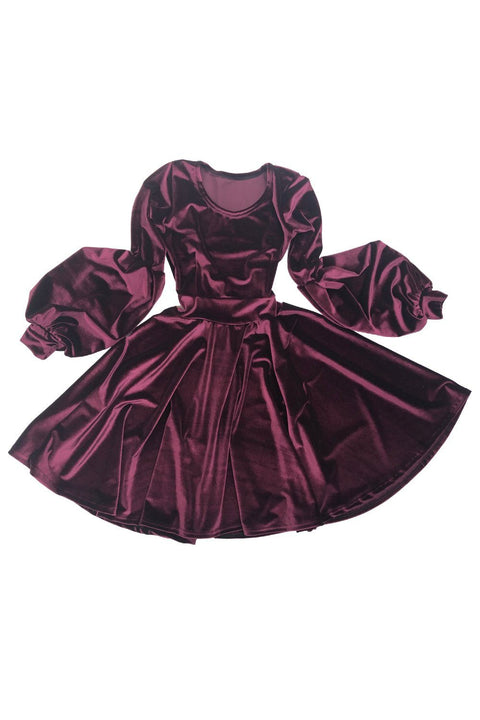 Burgundy Velvet Lantern Sleeve Skater Dress - Coquetry Clothing