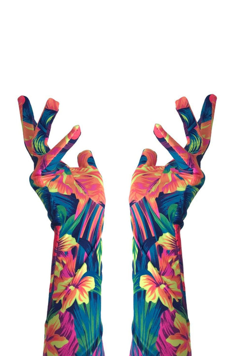 Neon UV Glow Tahitian Floral Print Gloves - Coquetry Clothing