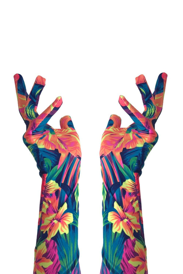 Neon UV Glow Tahitian Floral Print Gloves - 1