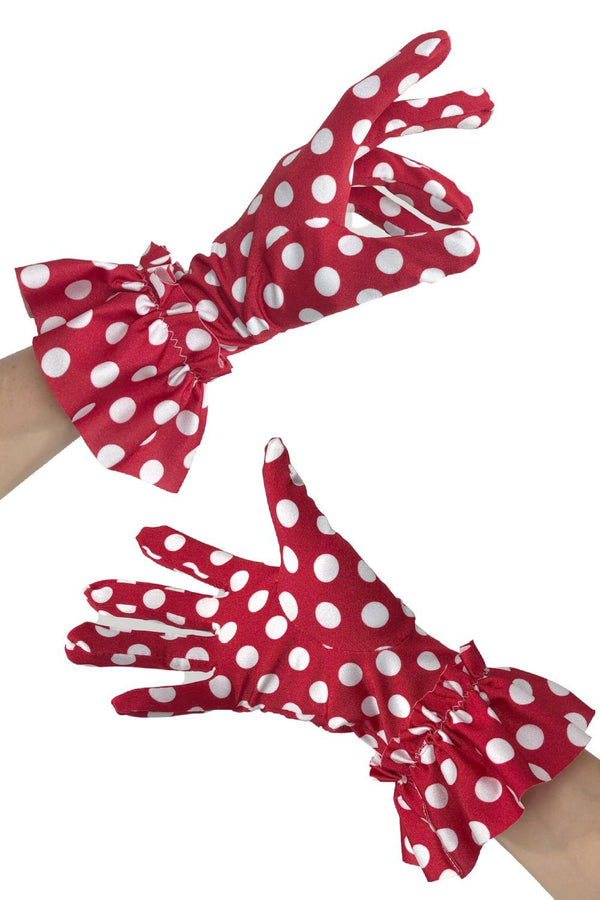 Red and White Polka Dot Short Ruffled Gloves - 1