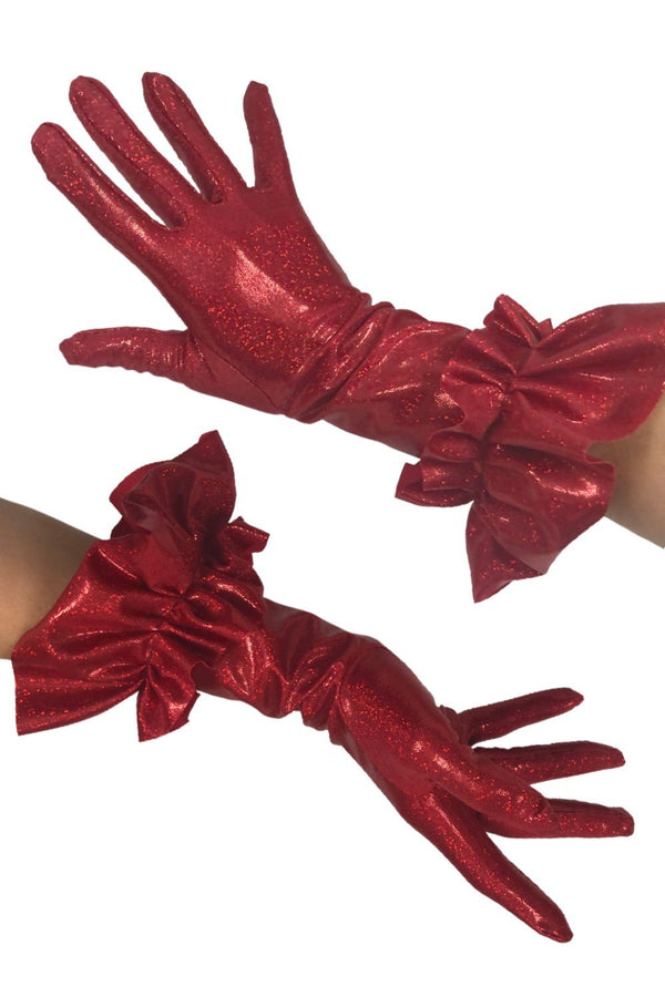 Red Sparkly Jewel Short Ruffled Gloves - 2