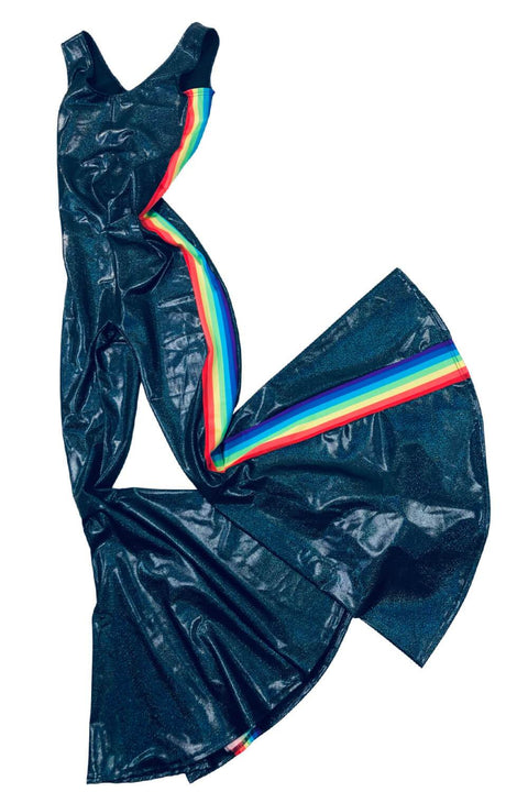 Retro Rainbow Striped Bell Bottom Tank Catsuit in Black Holographic - Coquetry Clothing