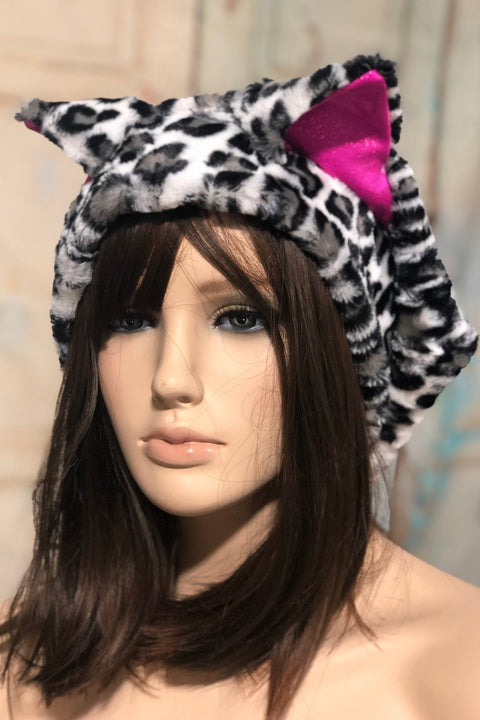 Snow Leopard Minky Beanie with Kitty Ears - Coquetry Clothing