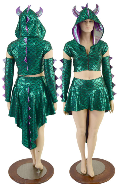 3PC Horned Dragon Crop, Skirt and Arm Warmers Set - Coquetry Clothing