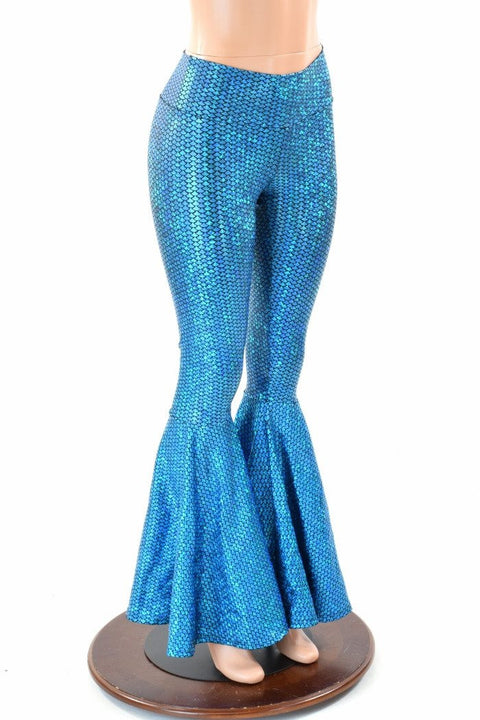 Aquamarine Fish Scale High Waist Mermaid Bell Bottom Flares - Coquetry Clothing