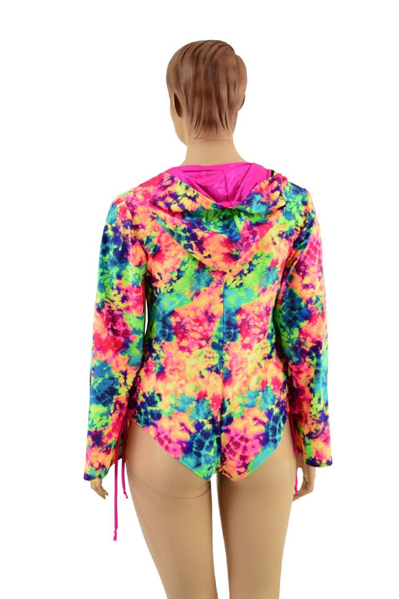 Acid Splash Hooded Romper with Lace Up Hips - Coquetry Clothing