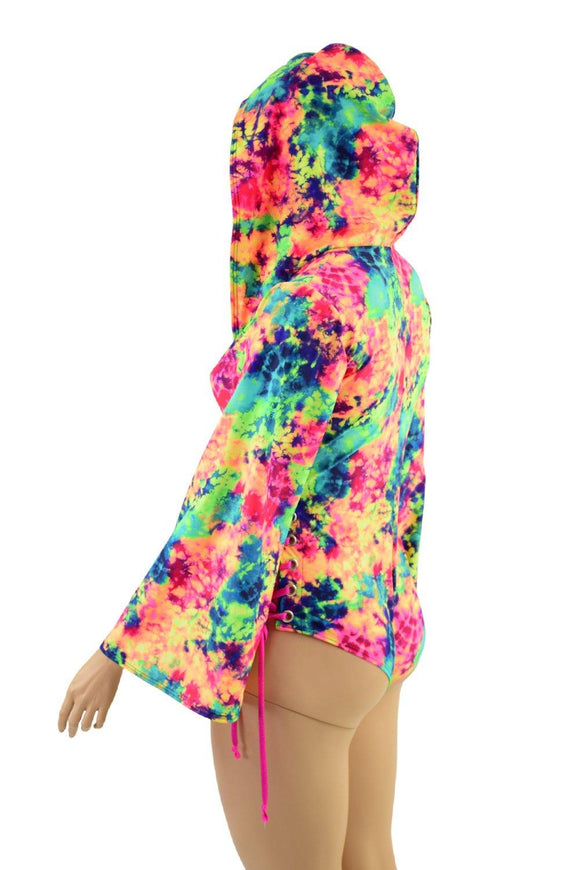 Acid Splash Hooded Romper with Lace Up Hips - Coquetry Clothing