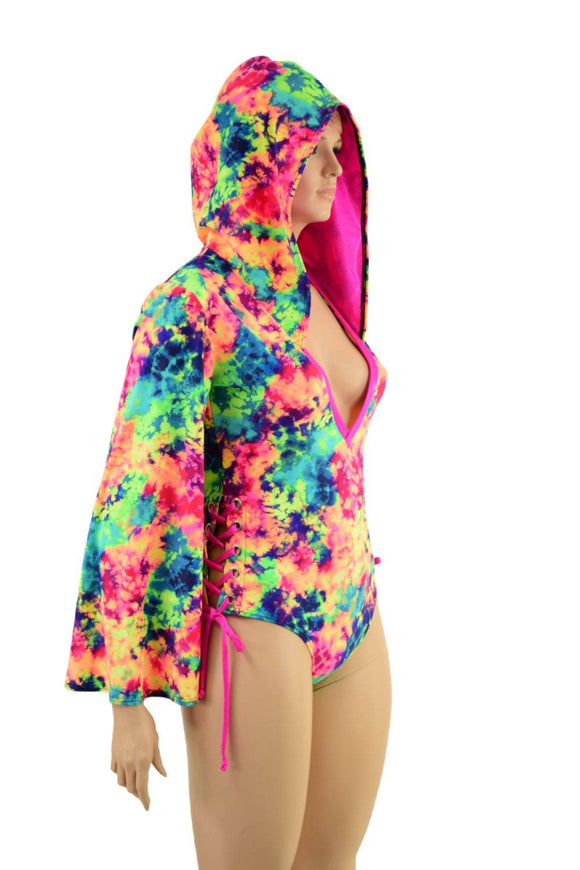 Acid Splash Hooded Romper with Lace Up Hips - Coquetry Clothing