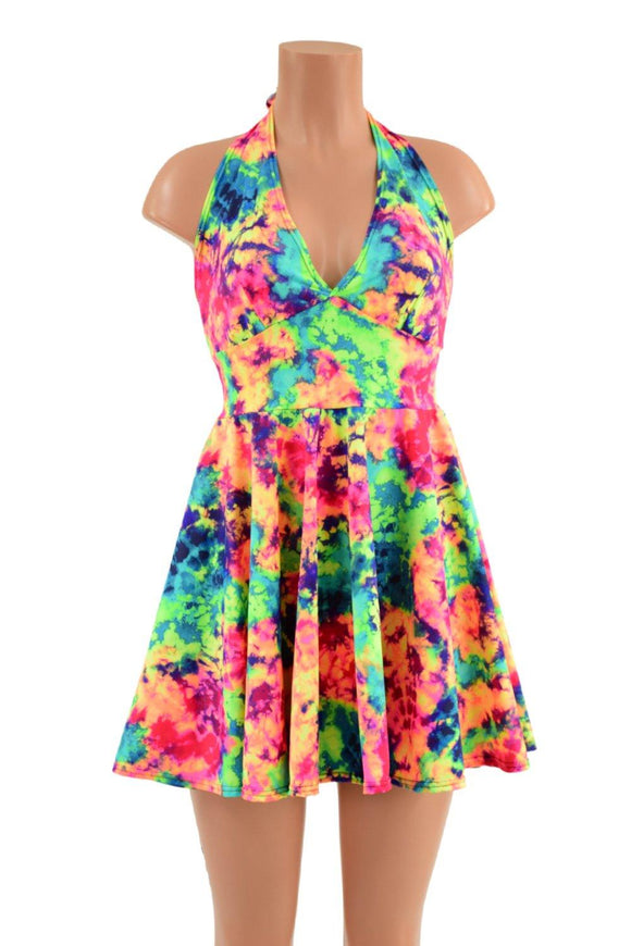 Acid Splash UV Glow Halter Skater Dress - Coquetry Clothing