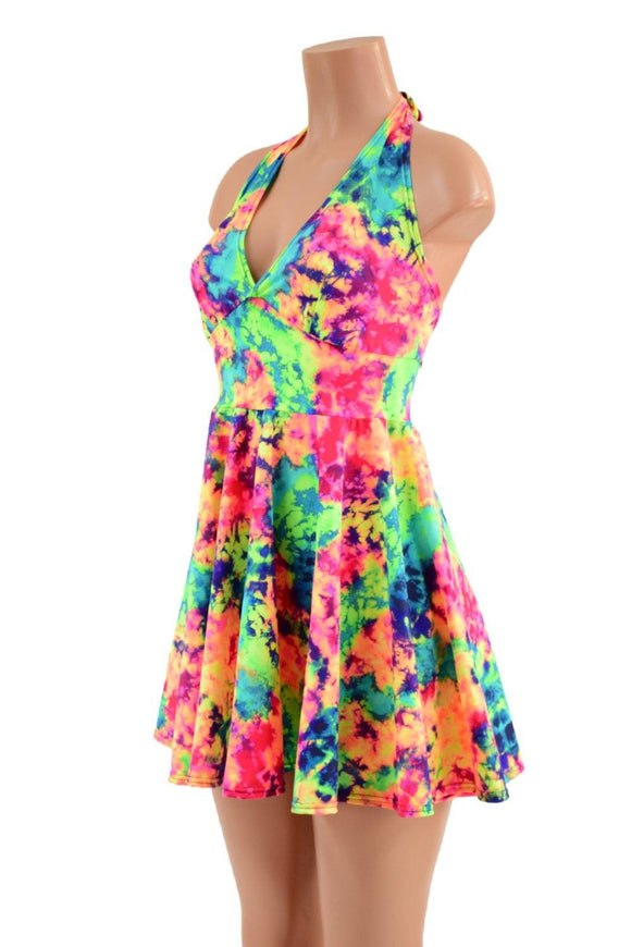 Acid Splash UV Glow Halter Skater Dress - Coquetry Clothing