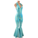 Backless Bell Bottom Catsuit with V Neck and Demi Collar - Coquetry Clothing