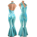 Backless Bell Bottom Catsuit with V Neck and Demi Collar - Coquetry Clothing