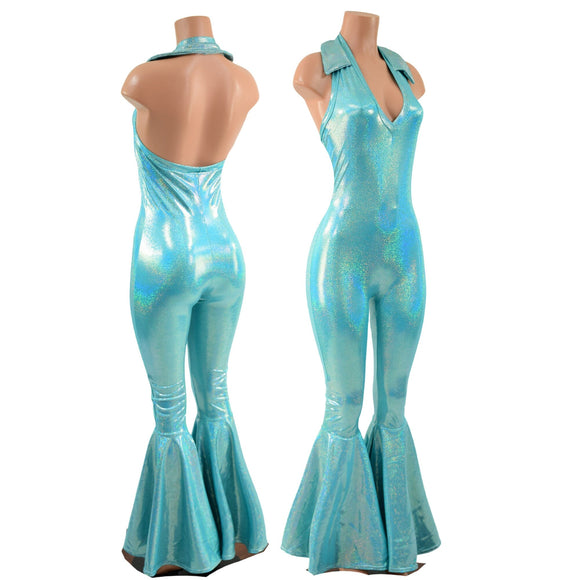 Backless Bell Bottom Catsuit with V Neck and Demi Collar - Coquetry Clothing