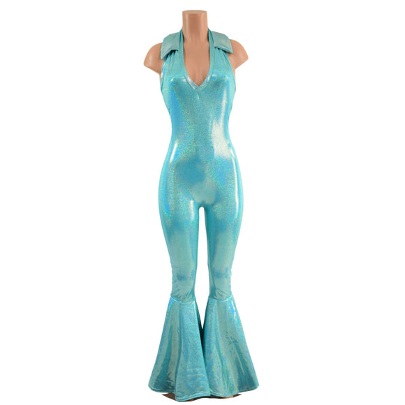 Backless Bell Bottom Catsuit with V Neck and Demi Collar - Coquetry Clothing