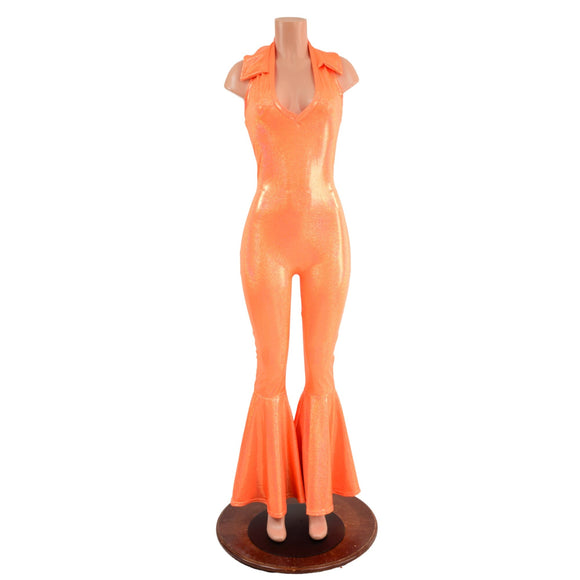 Backless Bell Bottom Catsuit with V Neck and Demi Collar - Coquetry Clothing