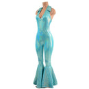 Backless Bell Bottom Catsuit with V Neck and Demi Collar - Coquetry Clothing
