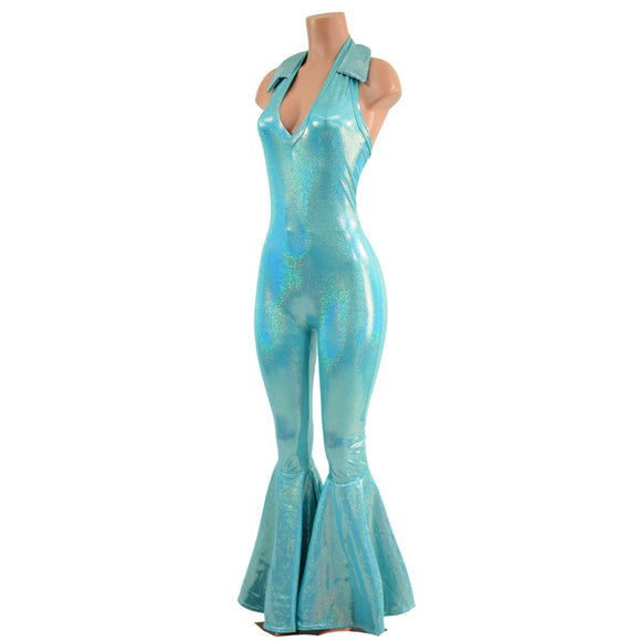 Backless Bell Bottom Catsuit with V Neck and Demi Collar - Coquetry Clothing