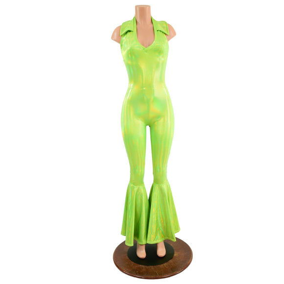 Backless Bell Bottom Catsuit with V Neck and Demi Collar - Coquetry Clothing