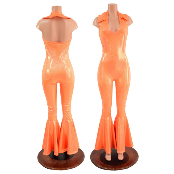 Backless Bell Bottom Catsuit with V Neck and Demi Collar - Coquetry Clothing