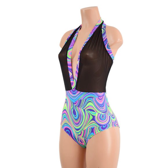Backless Bella Romper in Black Mesh and Glow Worm - Coquetry Clothing