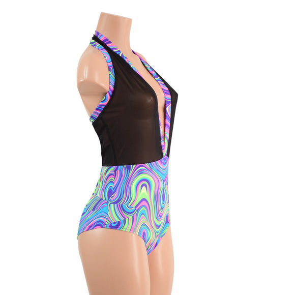Backless Bella Romper in Black Mesh and Glow Worm - Coquetry Clothing