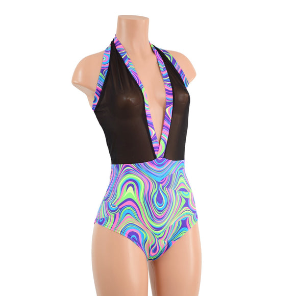 Backless Bella Romper in Black Mesh and Glow Worm - Coquetry Clothing