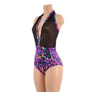 Backless Bella Romper in Black Mesh and Rainbow Leopard - Coquetry Clothing