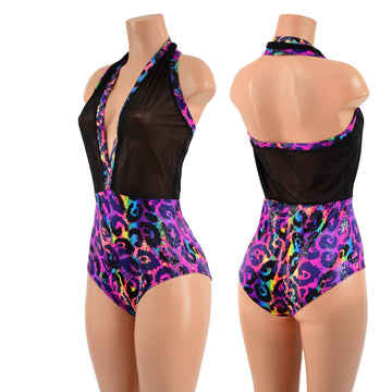 Backless Bella Romper in Black Mesh and Rainbow Leopard - Coquetry Clothing