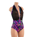 Backless Bella Romper in Black Mesh and Rainbow Leopard - Coquetry Clothing