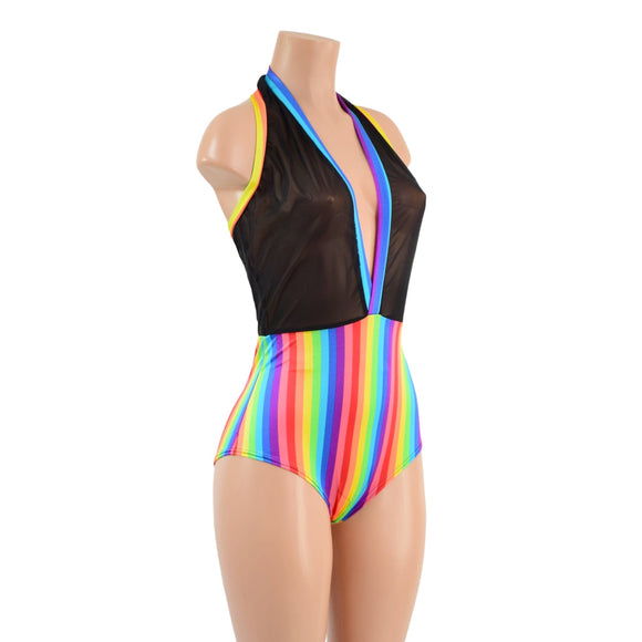 Backless Bella Romper in Black Mesh and Rainbow Stripe - Coquetry Clothing