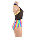 Backless Bella Romper in Black Mesh and Rainbow Stripe - Coquetry Clothing