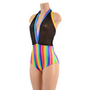 Backless Bella Romper in Black Mesh and Rainbow Stripe - Coquetry Clothing