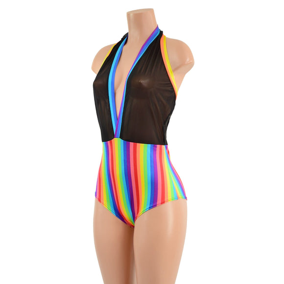 Backless Bella Romper in Black Mesh and Rainbow Stripe - Coquetry Clothing