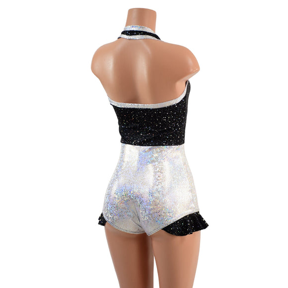 Backless Romper with Hip Ruffles in Star Noir and Silver on White Shattered Glass - Coquetry Clothing