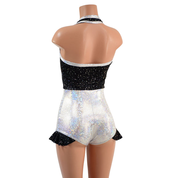 Backless Romper with Hip Ruffles in Star Noir and Silver on White Shattered Glass - Coquetry Clothing