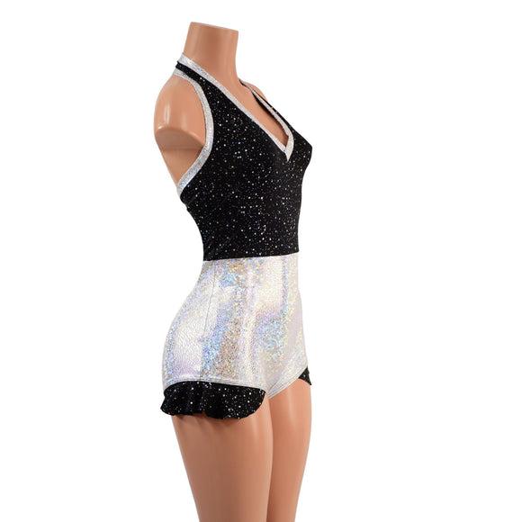 Backless Romper with Hip Ruffles in Star Noir and Silver on White Shattered Glass - Coquetry Clothing