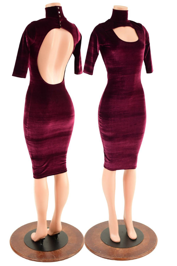 Burgundy Velvet Backless Dress with Window Neckline - 1