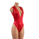 Red Sparkly Jewel Plunging V Neck Romper with Brazilian Cut Leg - 4