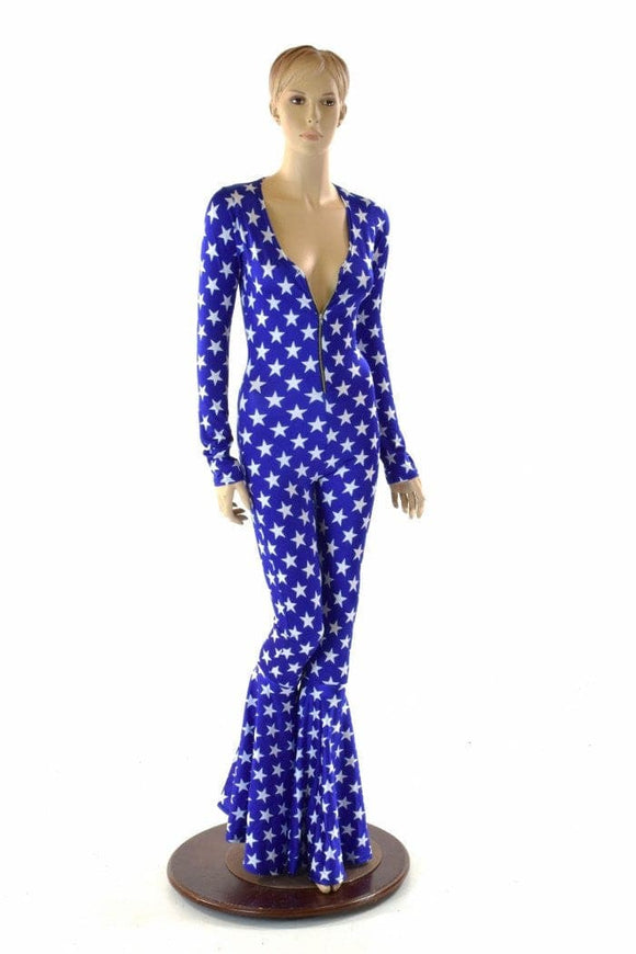 Bell Bottom Catsuit in Blue and White Stars - Coquetry Clothing