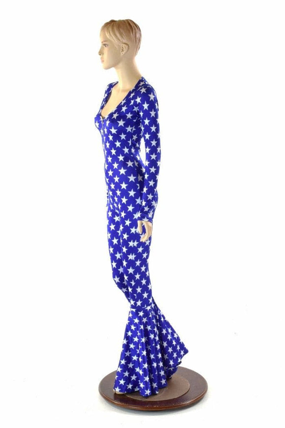 Bell Bottom Catsuit in Blue and White Stars - Coquetry Clothing