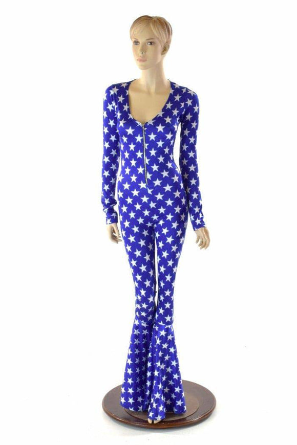 Bell Bottom Catsuit in Blue and White Stars - Coquetry Clothing